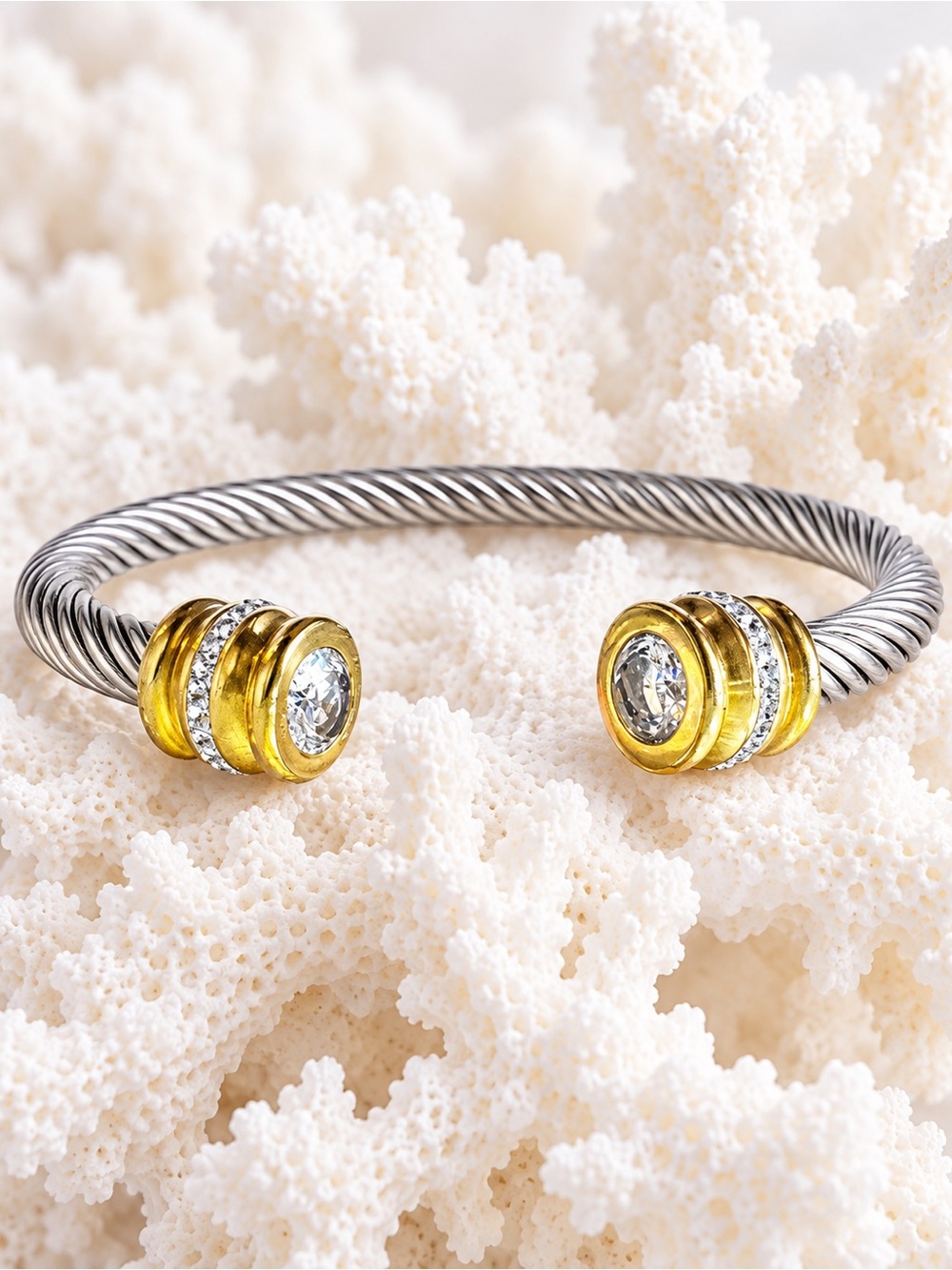 Gold & Silver Open Cable Cuff Bracelet with Crystal End Caps